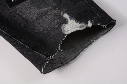 Men Streetwear Denim Shorts Black Wash with Colorful Feather Print and Raw Hem 5085