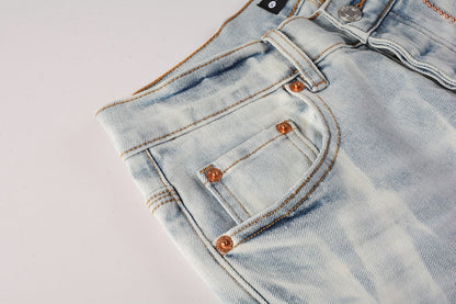 Men Streetwear Skinny Jeans Light Blue Wash with White Brushstroke Texture 7017