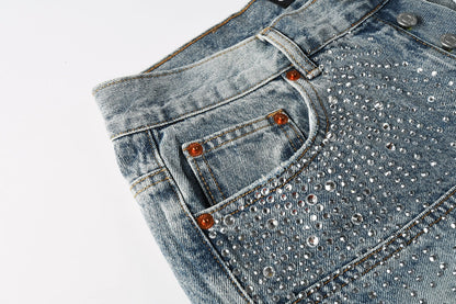 Men Streetwear Cargo Denim Shorts Light Blue Wash with Rhinestone Embellishment and Distressed Details 5097