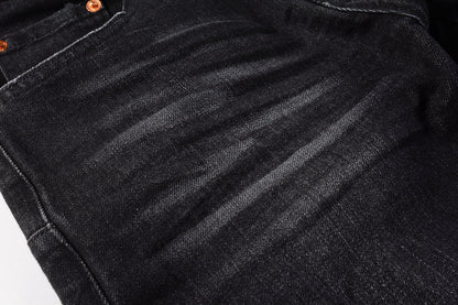 Men Streetwear Skinny Jeans Black Wash with Knee Rips and White Paint Specks 9035