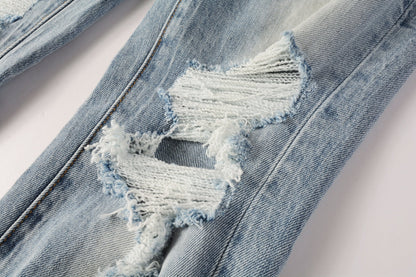 Men Streetwear Jeans Light Blue Ripped Graffiti Print Distressed skinny 9101