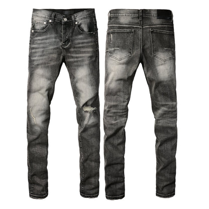 Men Classic Streetwear Jeans Distressed Grey Ripped skinny Fit 9103