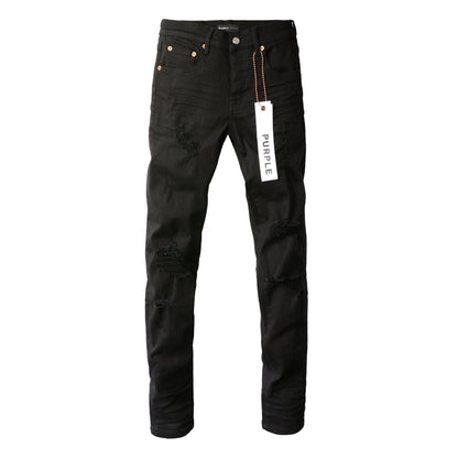 Men Streetwear Skinny Jeans Black Wash with Distressed Rip Details 9022