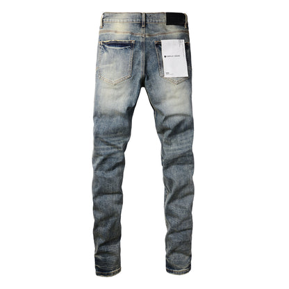 Men Streetwear Skinny Jeans Light Blue Wash with Faded Gradient Distress 9042
