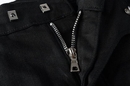 Men Streetwear Biker Skinny Jeans Black with Knee Pleats and Zipper Pockets 0964