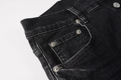 Men Streetwear Denim Shorts Black Wash with Colorful Feather Print and Raw Hem 5085