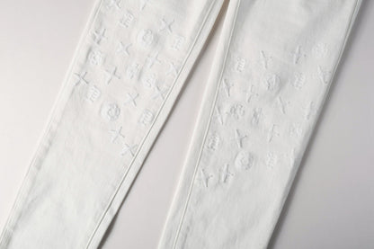 Men Designer Streetwear Skinny Jeans Solid White with 3D Embossed Monogram Pattern 9113