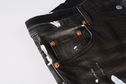 Men Streetwear Skinny Jeans Dark Gray Wash with White Paint Splatter and Distressed Rips 9030