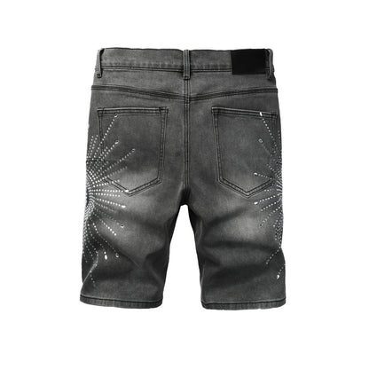 Men Streetwear Grey Denim Shorts with Radial Rhinestone Burst Patterns 5094