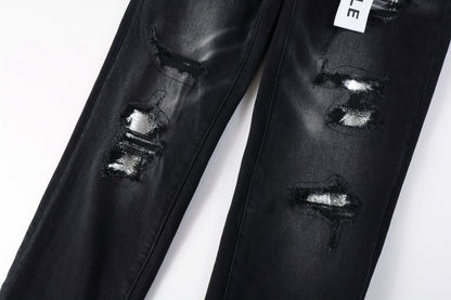 Men Streetwear Skinny Jeans Black Wash with Distressed Rips, Checkered Patches and White Paint Splatter 9001