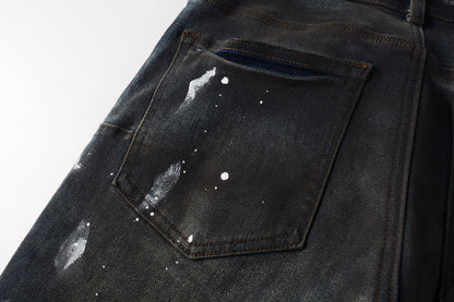 Men Streetwear Skinny Jeans Dark Gray Wash with White Paint Splatter and Brush Strokes 9036