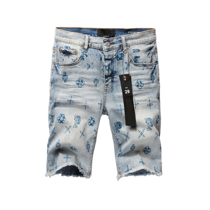 Men Streetwear Denim Shorts Light Blue Wash with Blue Graphic Print and Raw Hem 5063