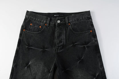 Men Streetwear Wide-Leg Jeans Black Gray Wash with 3D Pinched Pleats