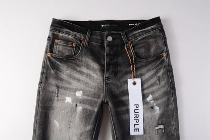 Men Streetwear Skinny Jeans Dark Gray Wash with White Paint Splatter and Distressed Rips 9032