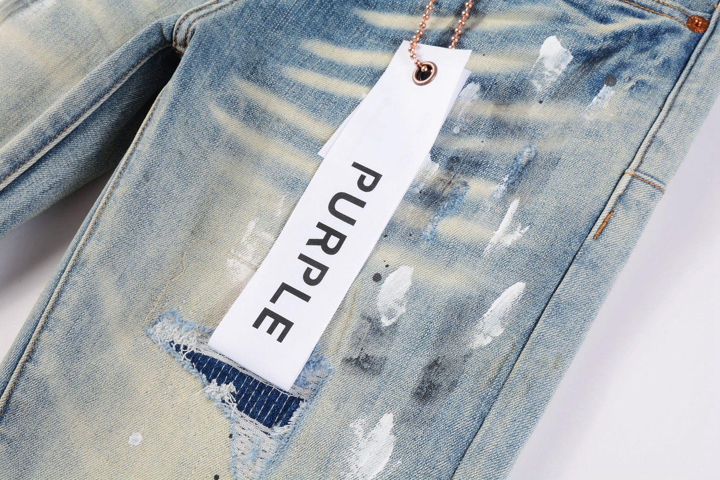 Men Streetwear Skinny Jeans Light Blue Wash with White Paint Splatter and Distressed Rips 9007