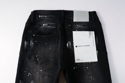 Men Streetwear Skinny Jeans Black Fade Wash with White Paint Splatter and Distressed Rips 9002