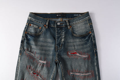 Men Streetwear Skinny Jeans Light Blue Wash with Red - Patched Distressed Details 9114