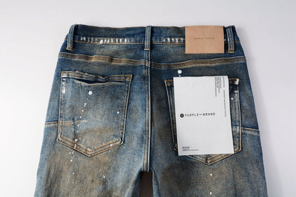 Men Streetwear Skinny Jeans Light Blue Wash with Distressed Rips and White Paint Splatter 9012