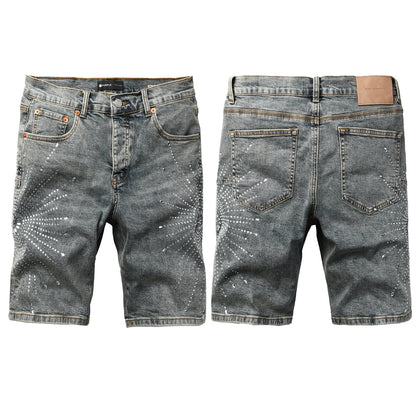 Men Streetwear Light Blue Denim Shorts with Radial White Rhinestone Designs 5093