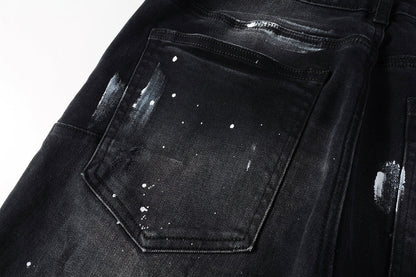 Men Streetwear Skinny Jeans Black Fade Wash with White Paint Splatter and Distressed Rips 9002