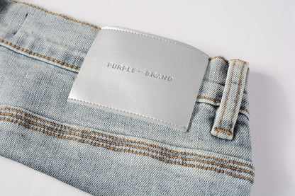 Men Streetwear Skinny Jeans Light Blue Wash with Holographic Iridescent Finish 9005