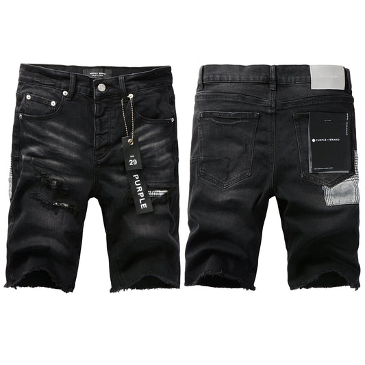 Men Streetwear Denim Shorts Black Wash with Distressed Rips and Plaid Patches 5001