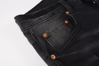 Men Streetwear Skinny Jeans Black Wash with Knee Ripped Details 9029