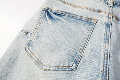 Men Streetwear Denim Shorts Light Blue Wash with Leopard Print Patched Rips 5087