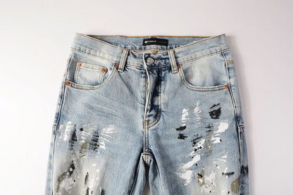 Men Streetwear Jeans Light Blue Paint Splash Distressed Ripped skinny 9100