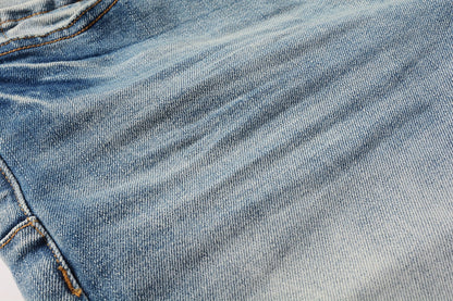 Men Streetwear Denim Shorts Light Blue Wash with Raw Hem and Vintage Finish 5016