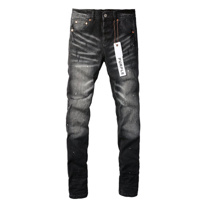 Men Streetwear Skinny Jeans Black - Gray Fade Wash with White Paint Specks 9027