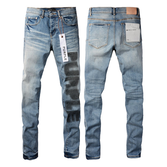 Men Streetwear Skinny Jeans Light Blue Wash with Black Pixelated Pattern Print 9052
