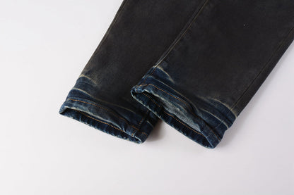 Men Streetwear Skinny Jeans Dark Gray Wash with White Paint Splatter and Brush Strokes 9036