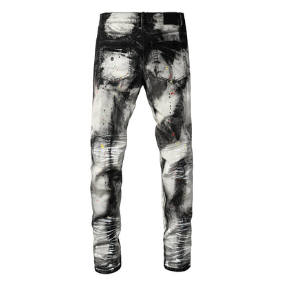 Men Streetwear Skinny Jeans Black and White Graffiti Wash with Multi Color Paint Splash 9111