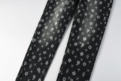 Men Classic Street Skinny Jeans Dark Grey Monogram Print All Over Distressed Style 9112
