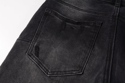 Men Streetwear Skinny Jeans Black Wash with Knee Ripped Details 9029