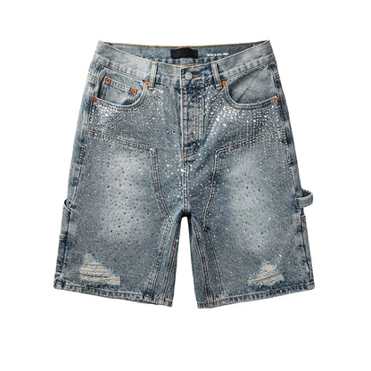 Men Streetwear Cargo Denim Shorts Light Blue Wash with Rhinestone Embellishment and Distressed Details 5097