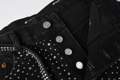 Men Streetwear Black Denim Shorts with Allover Rhinestone Studs and Zipper Details 5095