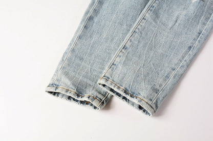 Men Streetwear Jeans Light Blue Paint Splash Distressed Ripped skinny 9100