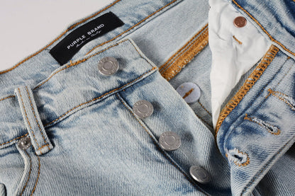 Men Streetwear Denim Shorts Light Blue Wash with Distressed Rips and Raw Hem 5088