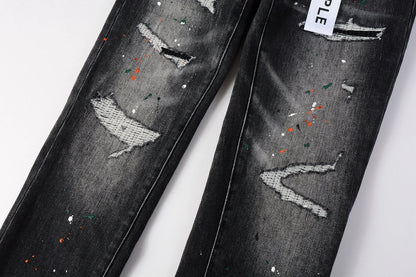 Men Streetwear Skinny Jeans Dark Gray Wash with Distressed Rips and Multi-Color Paint Splatter 9018