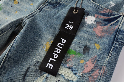 Men Streetwear Skinny Jeans Light Blue Wash with Multi-Color Paint Splatter and Distressed Rips 9072