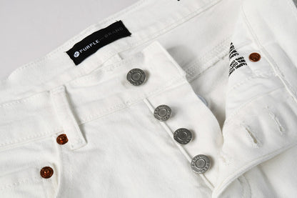 Men Designer Streetwear Skinny Jeans Solid White with 3D Embossed Monogram Pattern 9113