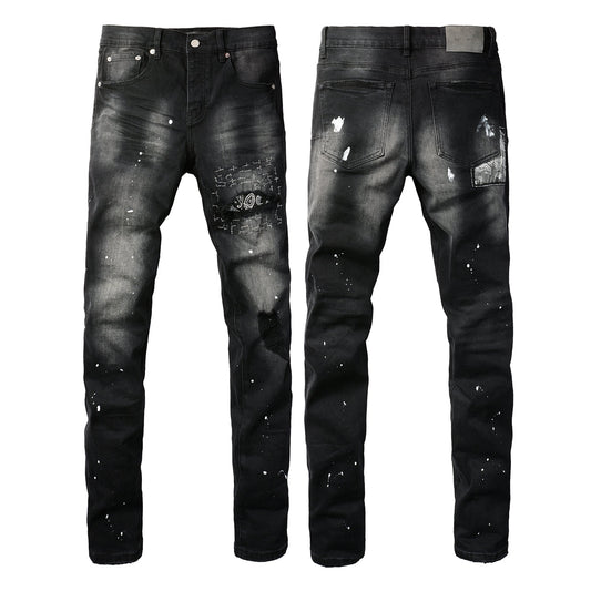 Men Streetwear Jeans Distressed Black Paint Splash Patch Ripped skinny 9099