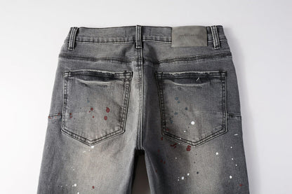 Men Streetwear Distressed Grey Skinny Jeanswith Color Paint Splatter and Knee Rips 9107