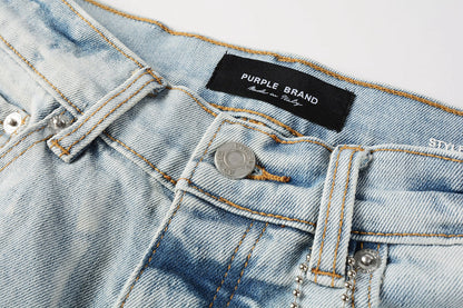 Men Streetwear Denim Shorts Light Blue Wash with Washed Distressed Raw Hem 5017