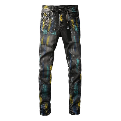 Men Streetwear Skinny Jeans Black Wash with Colorful Graffiti Paint Splash 9078