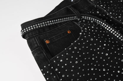 Men Streetwear Black Denim Shorts with Allover Rhinestone Studs and Zipper Details 5095