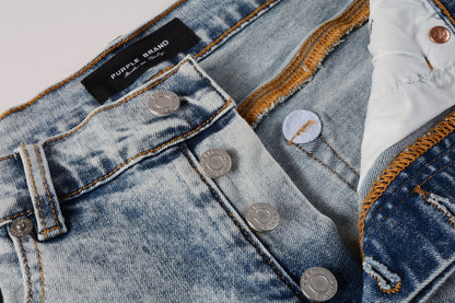 Men Streetwear Denim Shorts Light Blue Wash with Vintage Distressed Raw Hem 5053