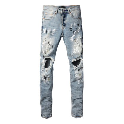 Men Streetwear Jeans Light Blue Paint Splash Distressed Ripped skinny 9100